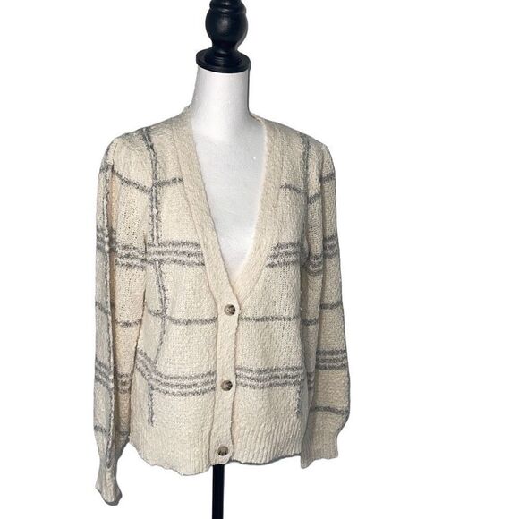 Joie Cardigan Sweater Button Up Plaid V Neck Long Sleeve Knit Cream Gray Women’s - Picture 1 of 8